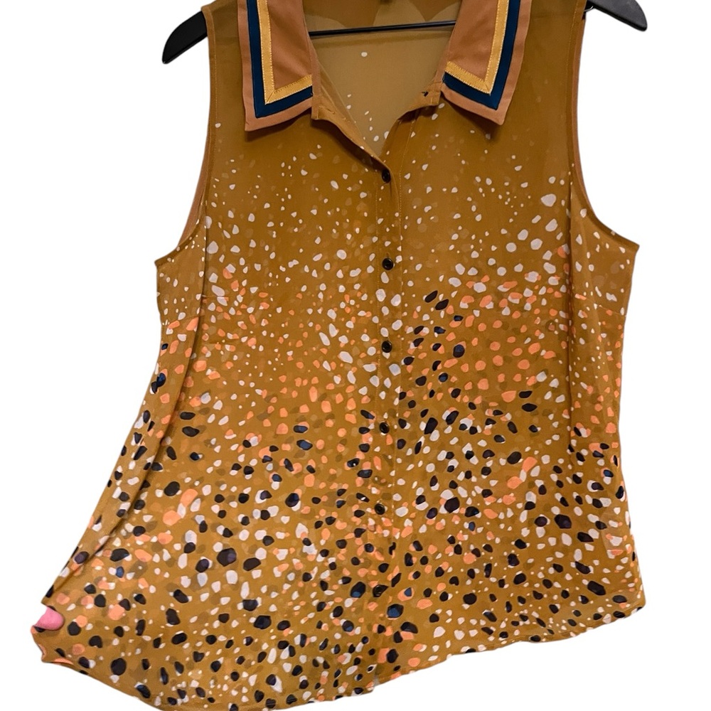 CAbi Mustard Sleeveless Button Front Blouse with Navy Trim - Picture 5 of 11